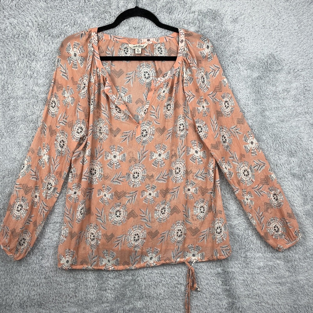 Lucky Brand Shirt Womens XL Salmon Pink Aztec Southwestern Top Blouse Sheer Boho